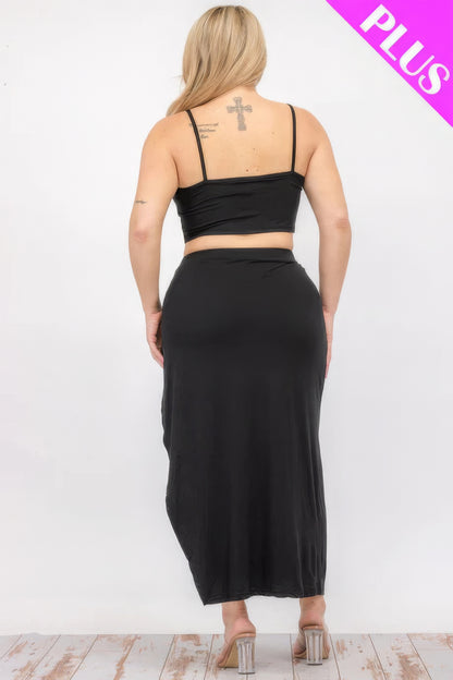 Plus Size Crop Cami & Split Thigh Maxi Skirt Set – Polyester & Spandex, Flattering Plus-Size Fit, Perfect for Casual Outings & Formal Events