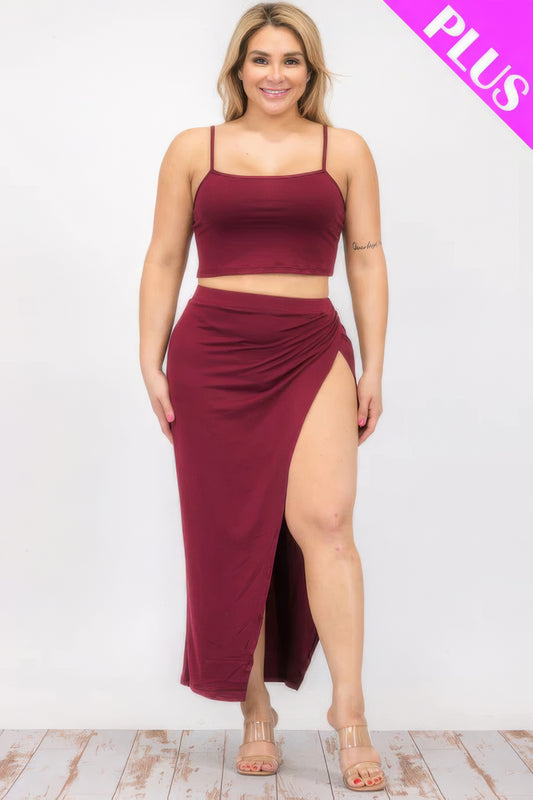 Plus Size Crop Cami & Split Thigh Maxi Skirt Set – Polyester & Spandex, Flattering Plus-Size Fit, Perfect for Casual Outings & Formal Events