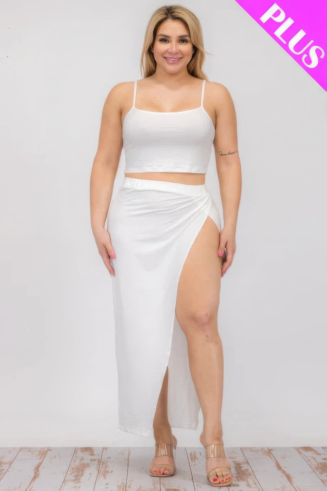 Plus Size Crop Cami & Split Thigh Maxi Skirt Set – Polyester & Spandex, Flattering Plus-Size Fit, Perfect for Casual Outings & Formal Events