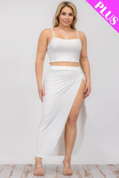 Plus Size Crop Cami & Split Thigh Maxi Skirt Set – Polyester & Spandex, Flattering Plus-Size Fit, Perfect for Casual Outings & Formal Events