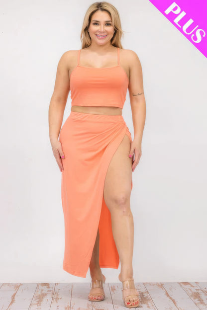 Plus Size Crop Cami & Split Thigh Maxi Skirt Set – Polyester & Spandex, Flattering Plus-Size Fit, Perfect for Casual Outings & Formal Events