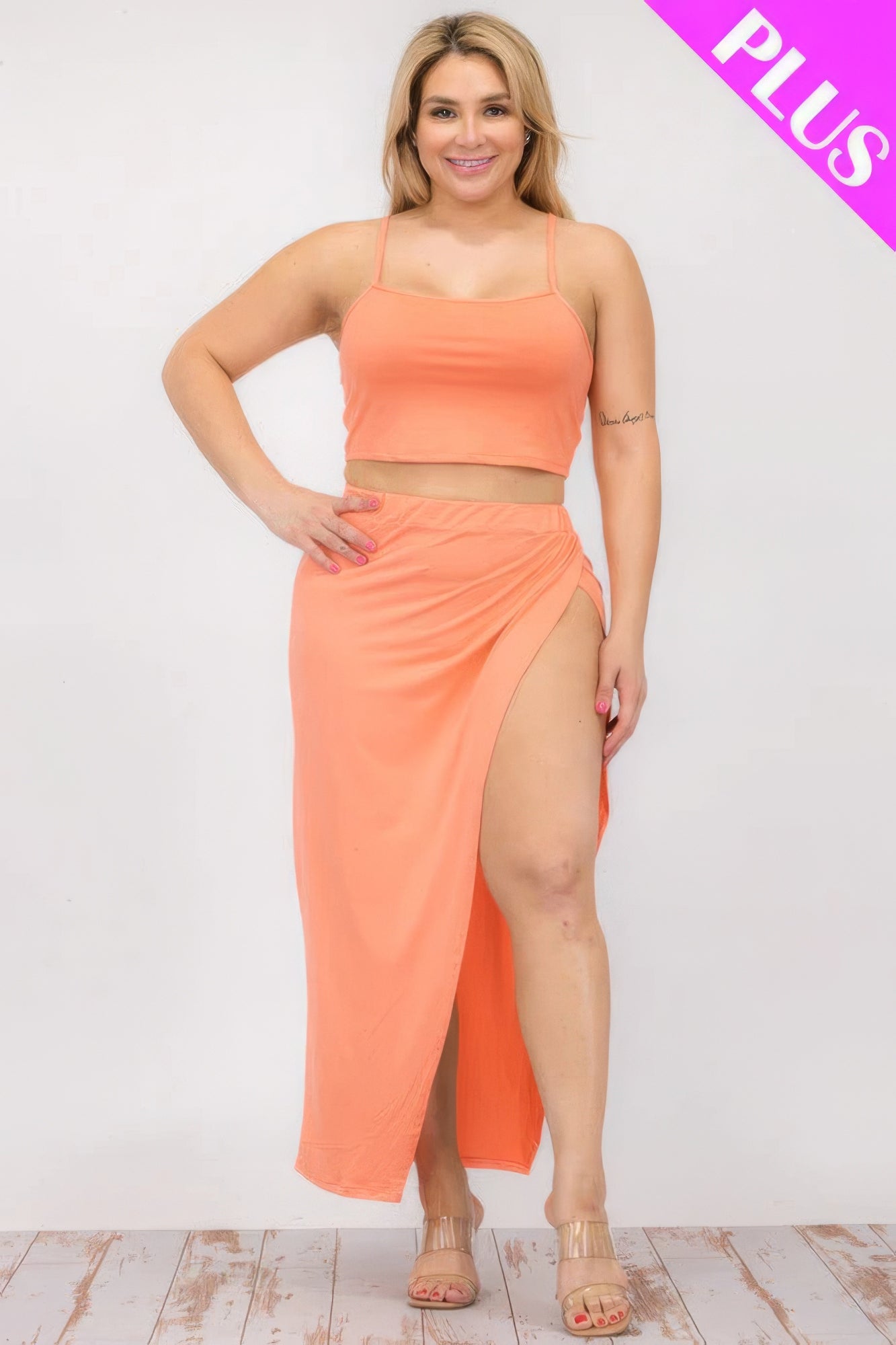 Plus Size Crop Cami & Split Thigh Maxi Skirt Set – Polyester & Spandex, Flattering Plus-Size Fit, Perfect for Casual Outings & Formal Events