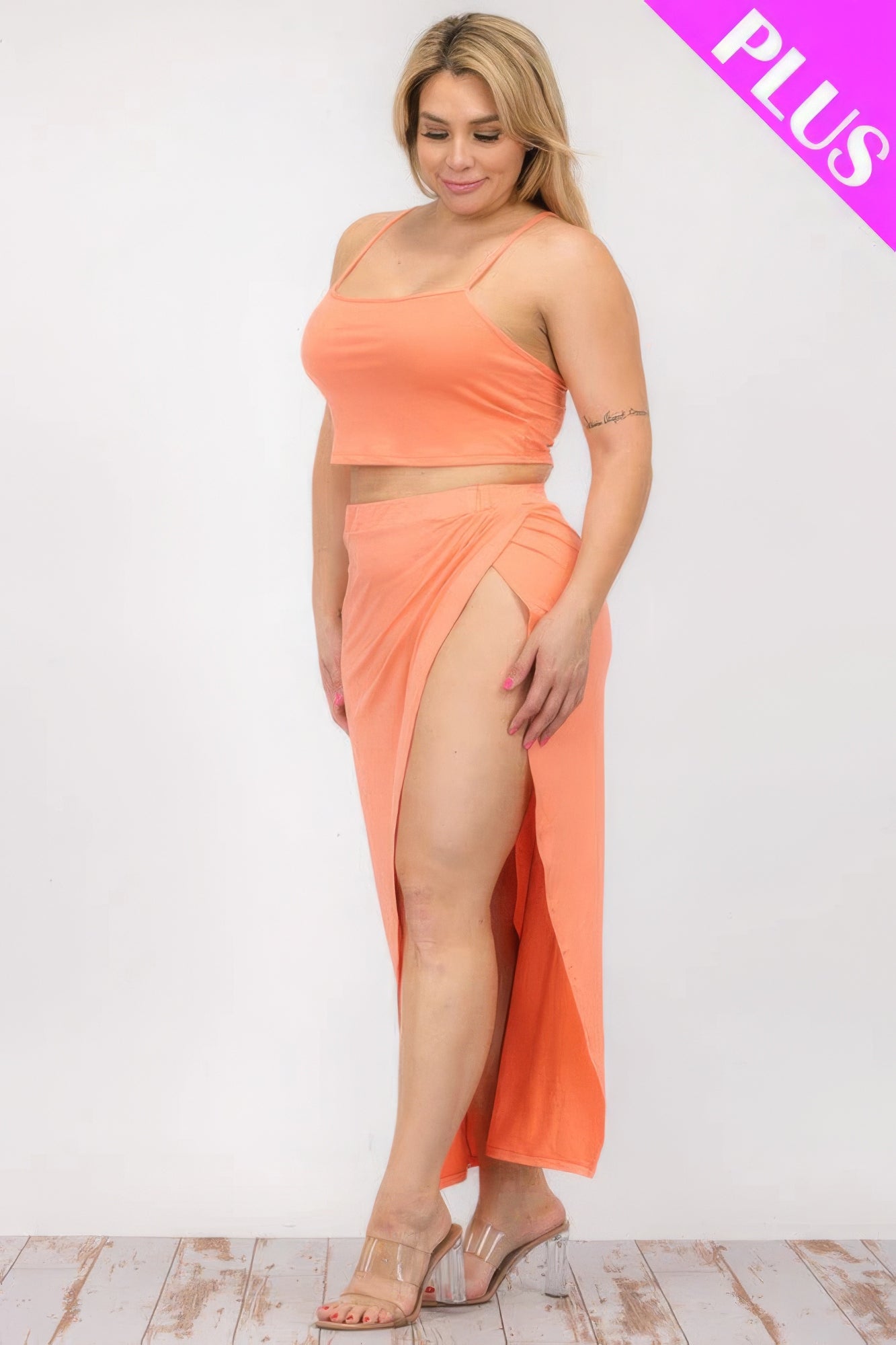 Plus Size Crop Cami & Split Thigh Maxi Skirt Set – Polyester & Spandex, Flattering Plus-Size Fit, Perfect for Casual Outings & Formal Events