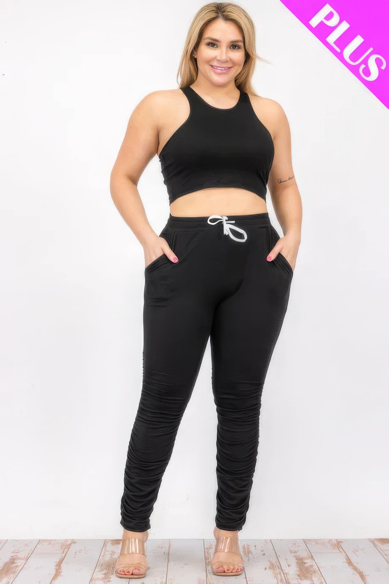 Plus Size Crop Tank Top & Ruched Pants Set – Polyester & Spandex, Chic & Trendy, Versatile for Casual Outings & Lounging, All-Day Comfort