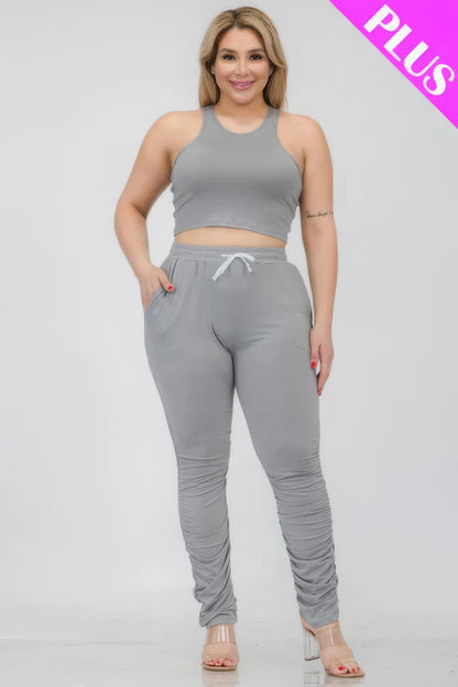 Plus Size Crop Tank Top & Ruched Pants Set – Polyester & Spandex, Chic & Trendy, Versatile for Casual Outings & Lounging, All-Day Comfort