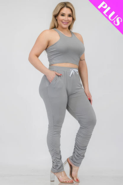 Plus Size Crop Tank Top & Ruched Pants Set – Polyester & Spandex, Chic & Trendy, Versatile for Casual Outings & Lounging, All-Day Comfort