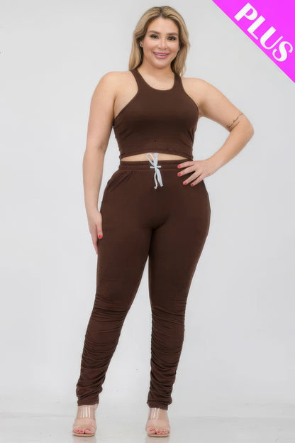 Plus Size Crop Tank Top & Ruched Pants Set – Polyester & Spandex, Chic & Trendy, Versatile for Casual Outings & Lounging, All-Day Comfort