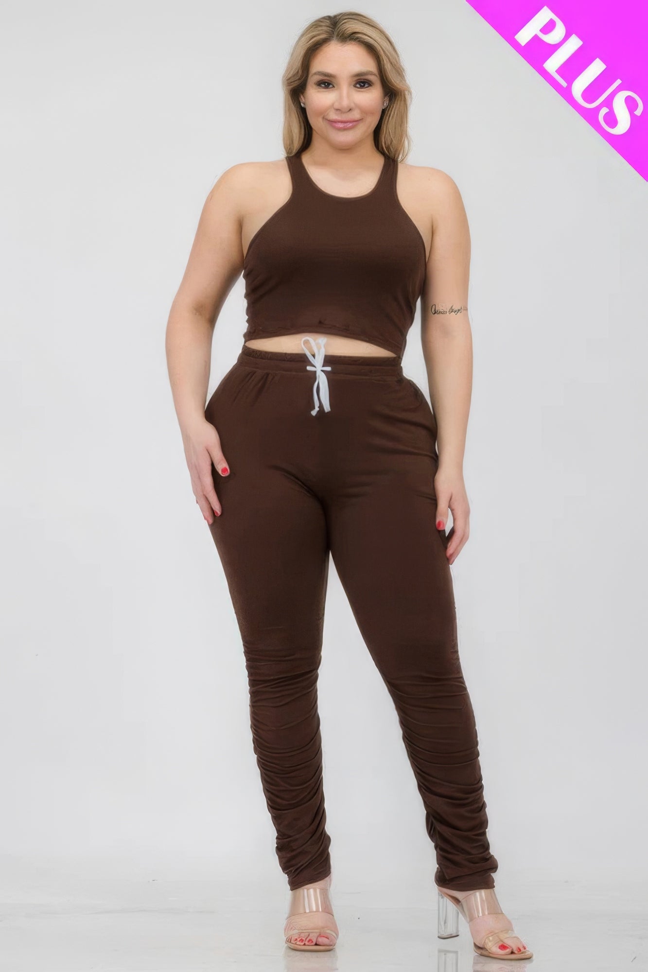 Plus Size Crop Tank Top & Ruched Pants Set – Polyester & Spandex, Chic & Trendy, Versatile for Casual Outings & Lounging, All-Day Comfort