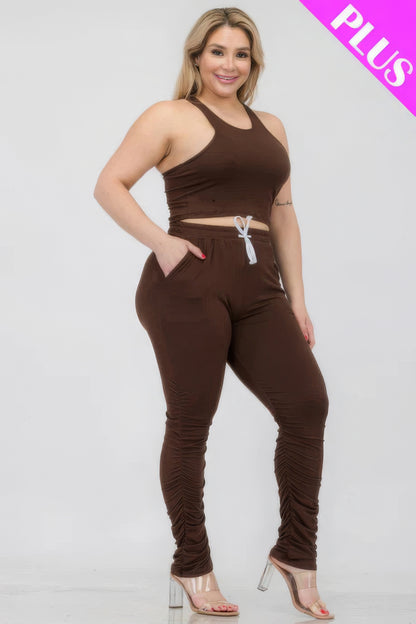 Plus Size Crop Tank Top & Ruched Pants Set – Polyester & Spandex, Chic & Trendy, Versatile for Casual Outings & Lounging, All-Day Comfort