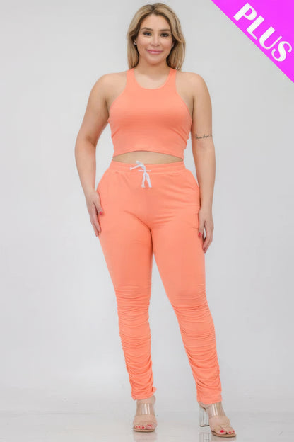 Plus Size Crop Tank Top & Ruched Pants Set – Polyester & Spandex, Chic & Trendy, Versatile for Casual Outings & Lounging, All-Day Comfort