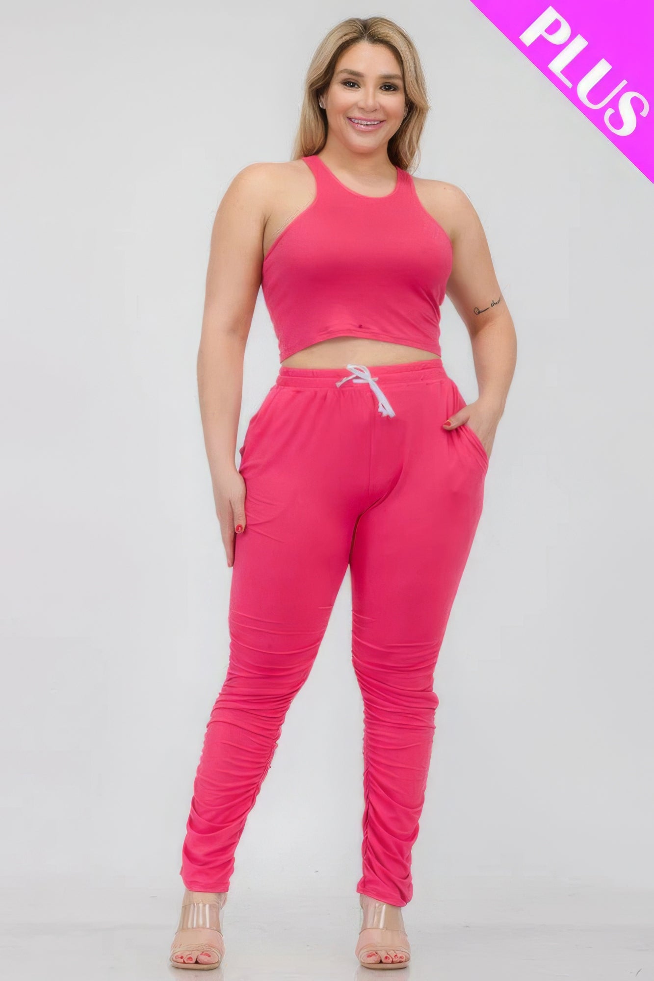 Plus Size Crop Tank Top & Ruched Pants Set – Polyester & Spandex, Chic & Trendy, Versatile for Casual Outings & Lounging, All-Day Comfort