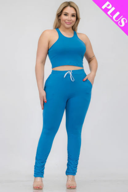 Plus Size Crop Tank Top & Ruched Pants Set – Polyester & Spandex, Chic & Trendy, Versatile for Casual Outings & Lounging, All-Day Comfort