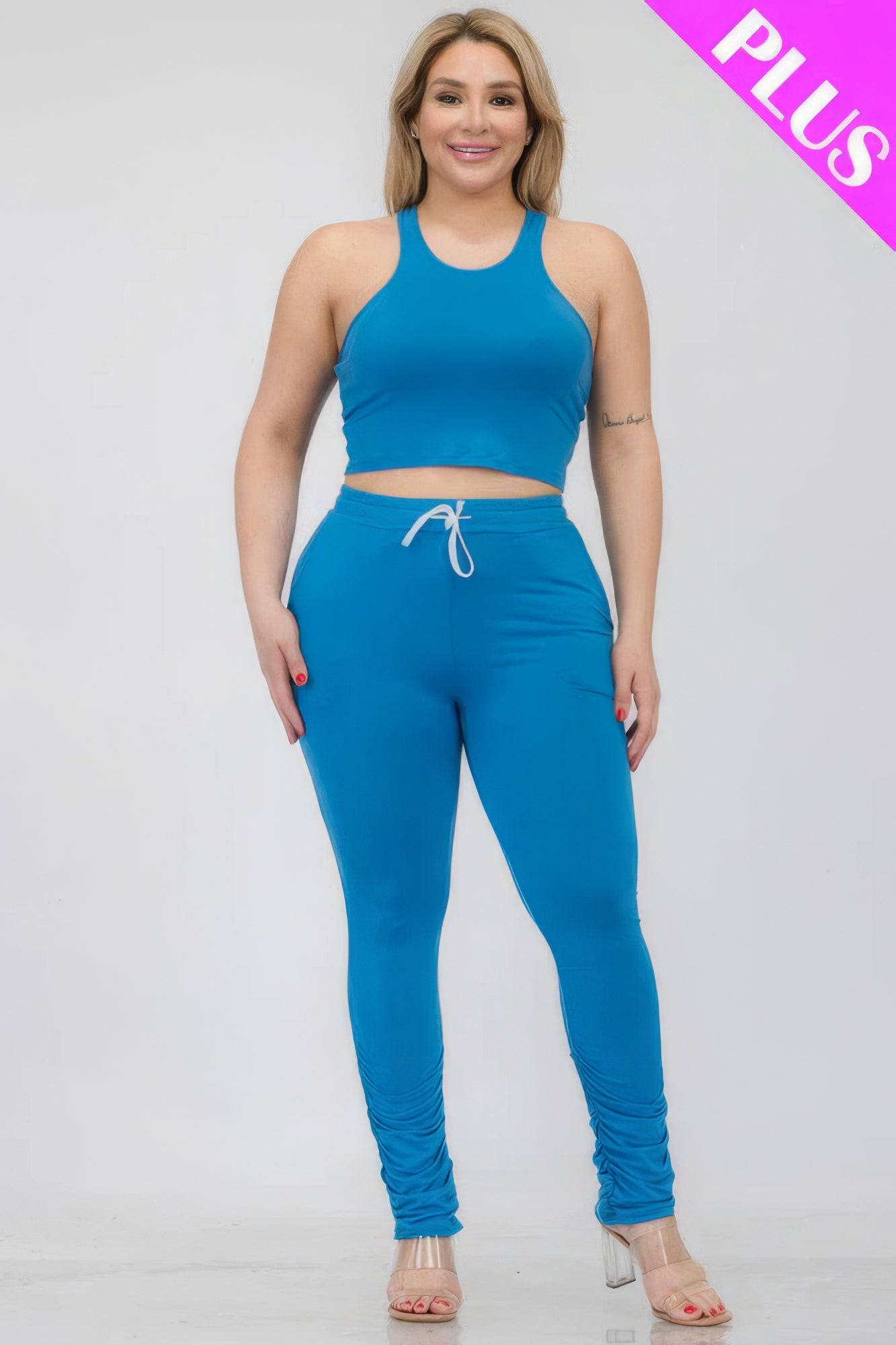 Plus Size Crop Tank Top & Ruched Pants Set – Polyester & Spandex, Chic & Trendy, Versatile for Casual Outings & Lounging, All-Day Comfort