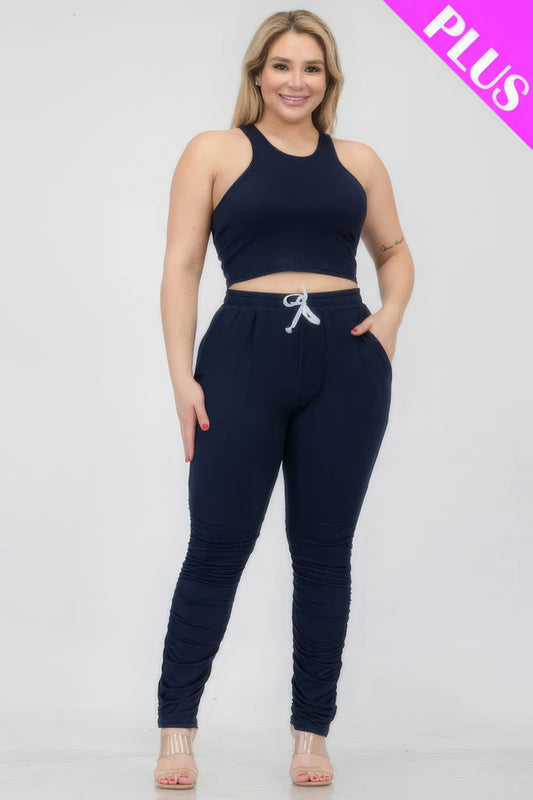 Plus Size Crop Tank Top & Ruched Pants Set – Polyester & Spandex, Chic & Trendy, Versatile for Casual Outings & Lounging, All-Day Comfort