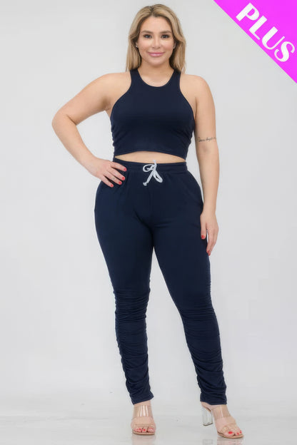 Plus Size Crop Tank Top & Ruched Pants Set – Polyester & Spandex, Chic & Trendy, Versatile for Casual Outings & Lounging, All-Day Comfort