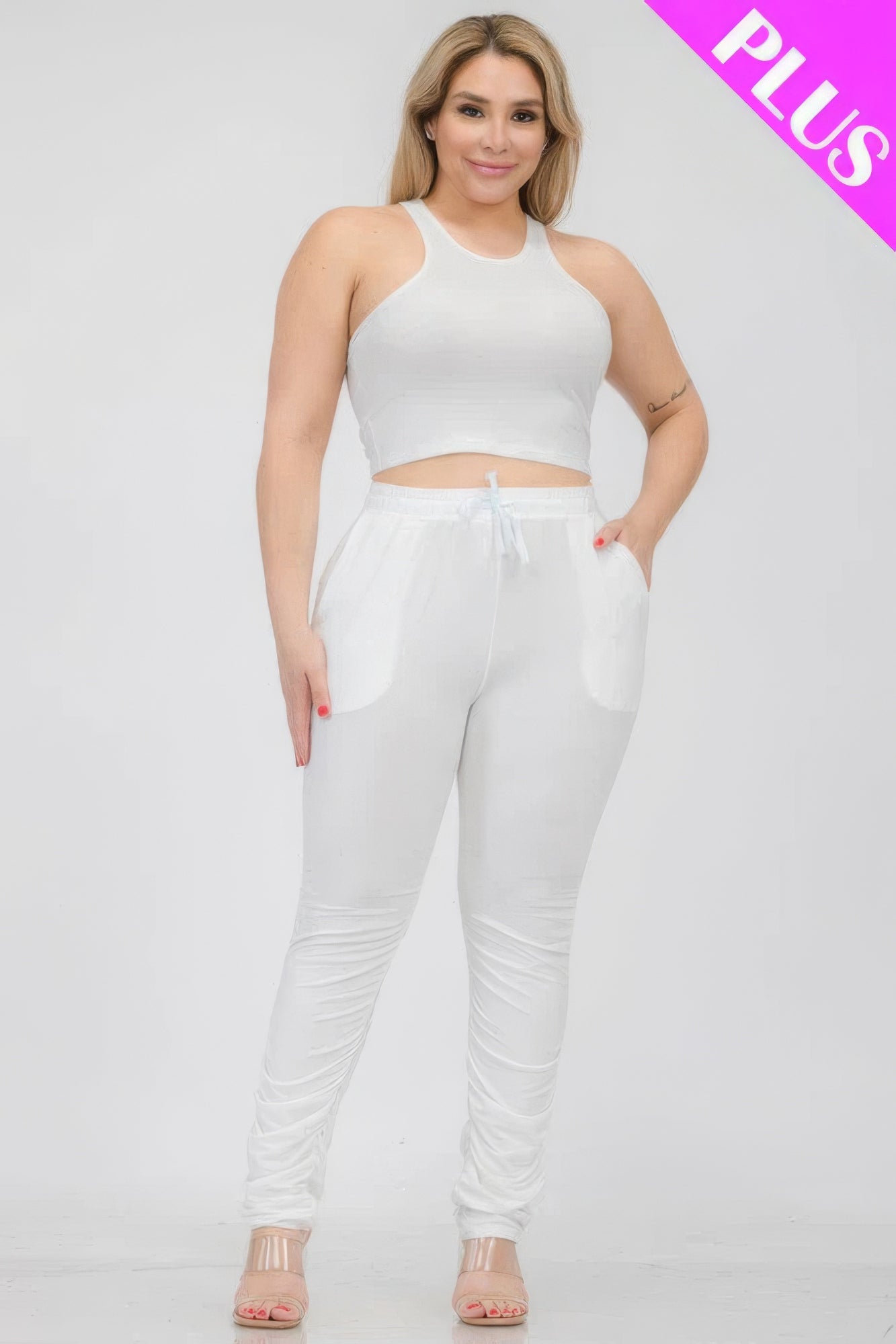 Plus Size Crop Tank Top & Ruched Pants Set – Polyester & Spandex, Chic & Trendy, Versatile for Casual Outings & Lounging, All-Day Comfort