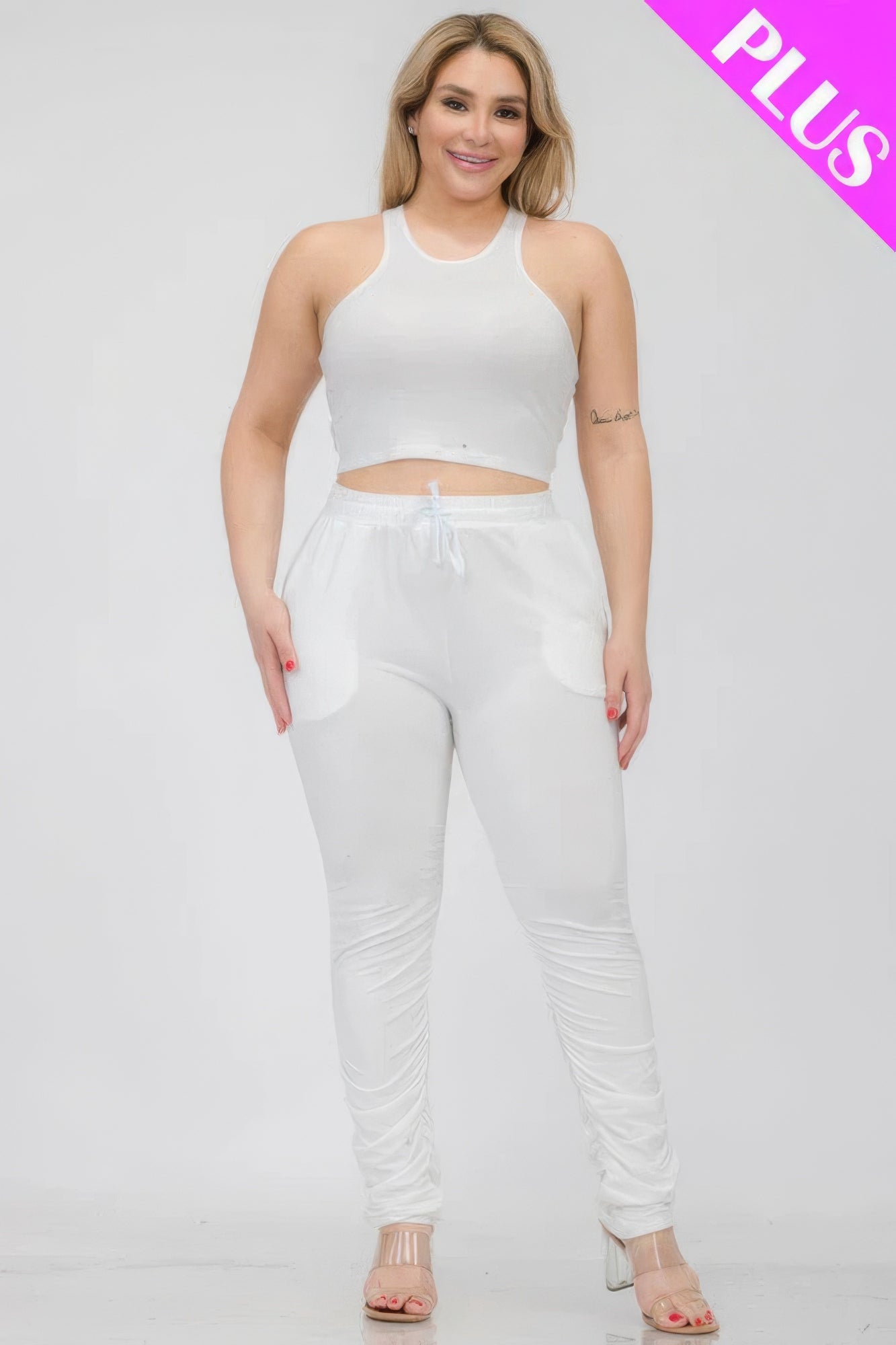 Plus Size Crop Tank Top & Ruched Pants Set – Polyester & Spandex, Chic & Trendy, Versatile for Casual Outings & Lounging, All-Day Comfort