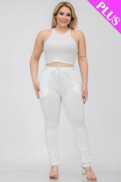 Plus Size Crop Tank Top & Ruched Pants Set – Polyester & Spandex, Chic & Trendy, Versatile for Casual Outings & Lounging, All-Day Comfort