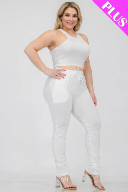 Plus Size Crop Tank Top & Ruched Pants Set – Polyester & Spandex, Chic & Trendy, Versatile for Casual Outings & Lounging, All-Day Comfort