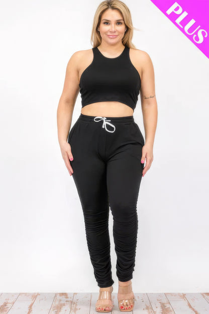 Plus Size Crop Tank Top & Ruched Pants Set – Polyester & Spandex, Chic & Trendy, Versatile for Casual Outings & Lounging, All-Day Comfort