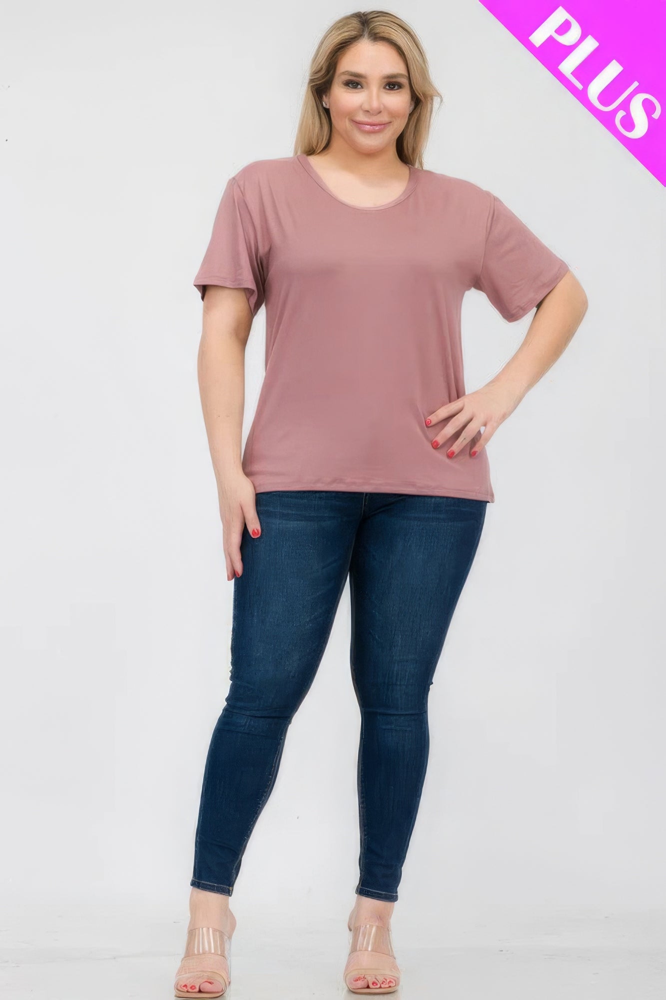 Plus Size Basic Short Sleeve T-Shirt – Soft & Stretchy Polyester-Spandex Blend, Classic Crew Neck, Ideal for Casual Outings & Everyday Wear