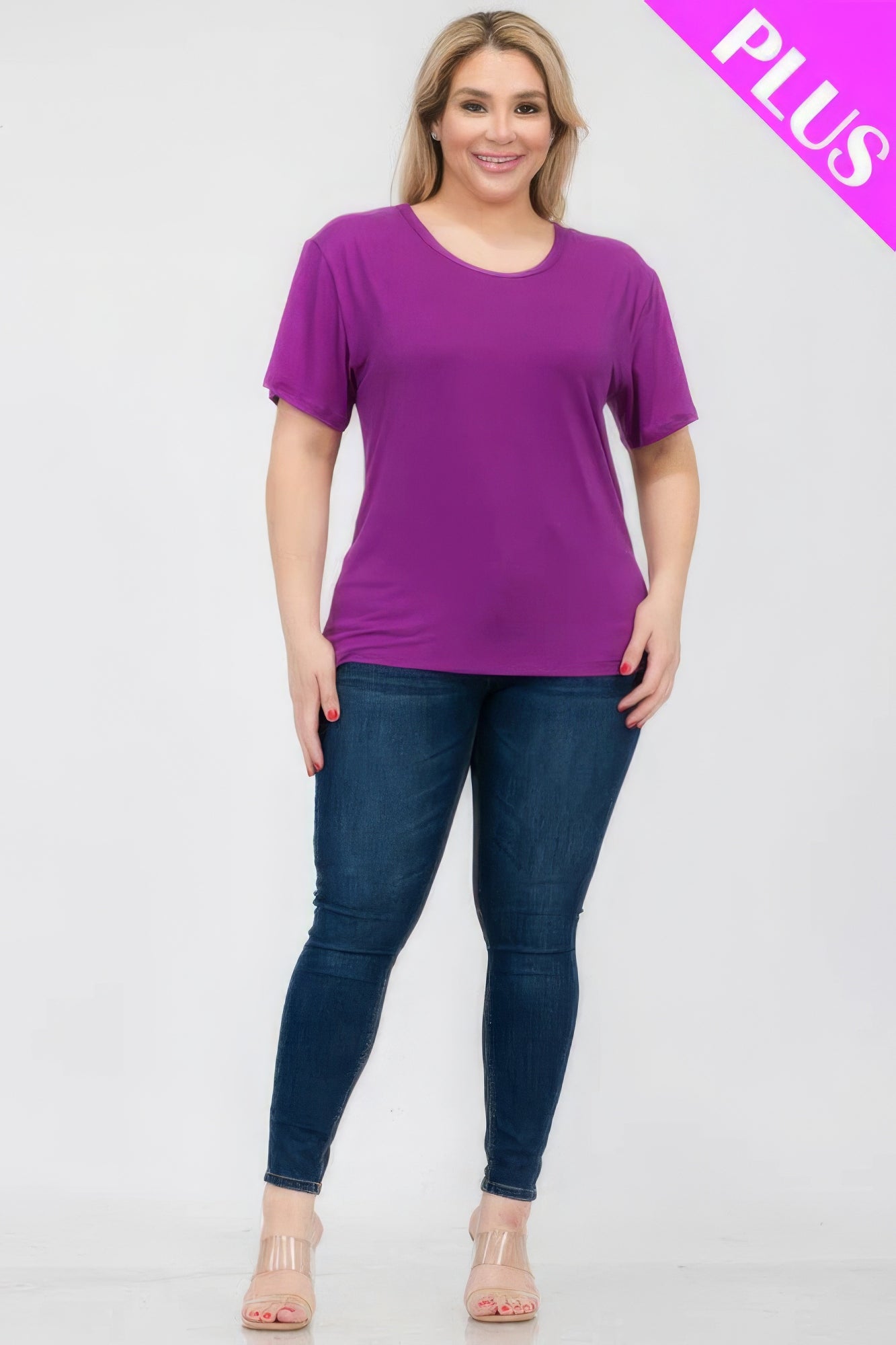 Plus Size Basic Short Sleeve T-Shirt – Soft & Stretchy Polyester-Spandex Blend, Classic Crew Neck, Ideal for Casual Outings & Everyday Wear