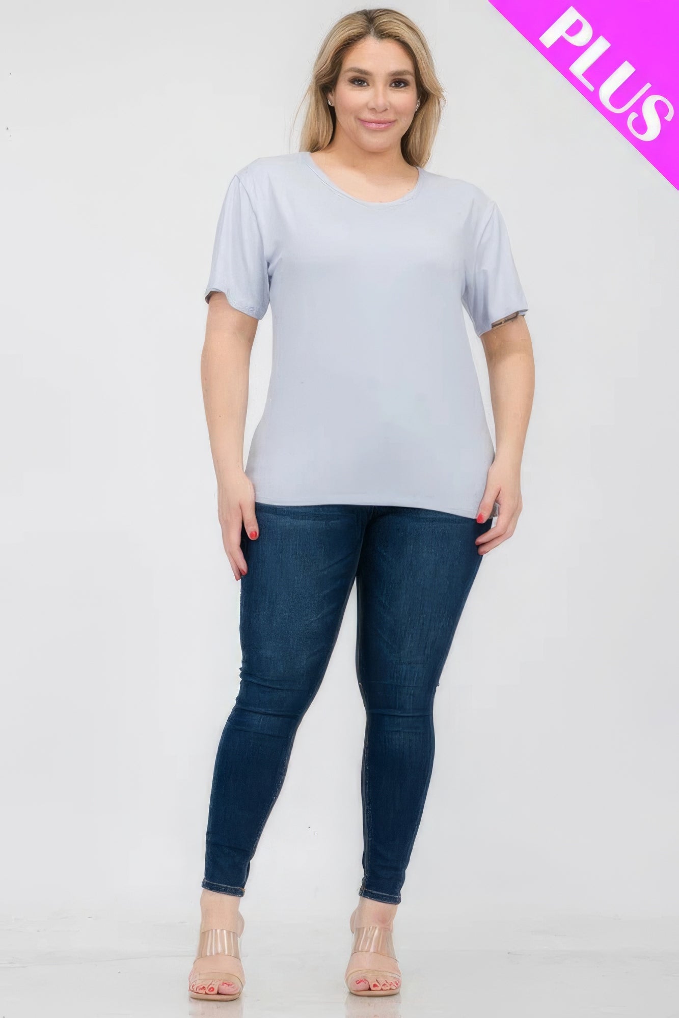 Plus Size Basic Short Sleeve T-Shirt – Soft & Stretchy Polyester-Spandex Blend, Classic Crew Neck, Ideal for Casual Outings & Everyday Wear