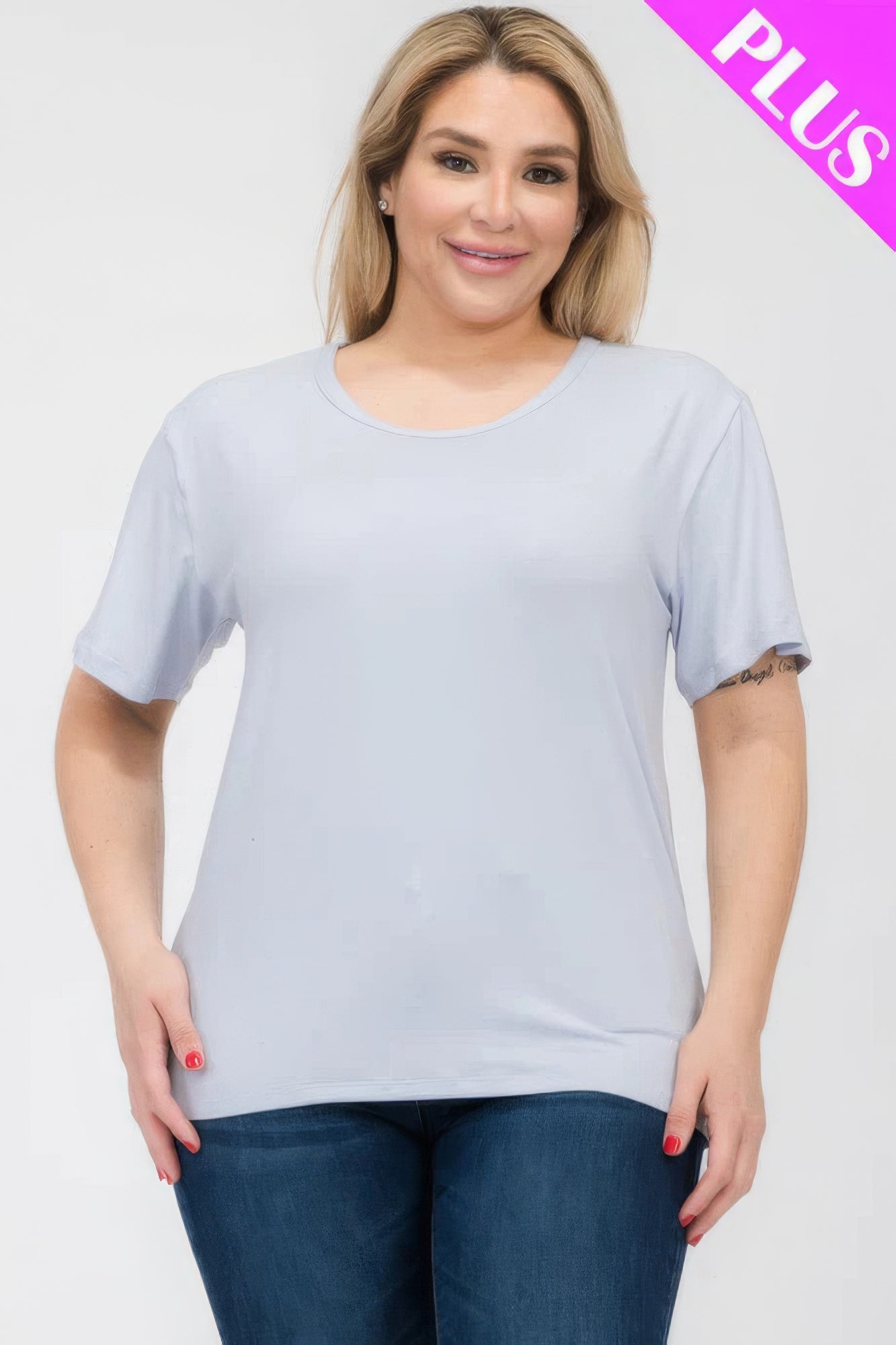 Plus Size Basic Short Sleeve T-Shirt – Soft & Stretchy Polyester-Spandex Blend, Classic Crew Neck, Ideal for Casual Outings & Everyday Wear