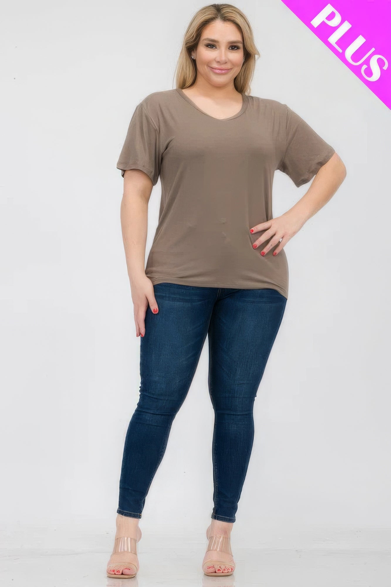 Plus Size Basic Short Sleeve T-Shirt – Soft & Stretchy Polyester-Spandex Blend, Classic Crew Neck, Ideal for Casual Outings & Everyday Wear