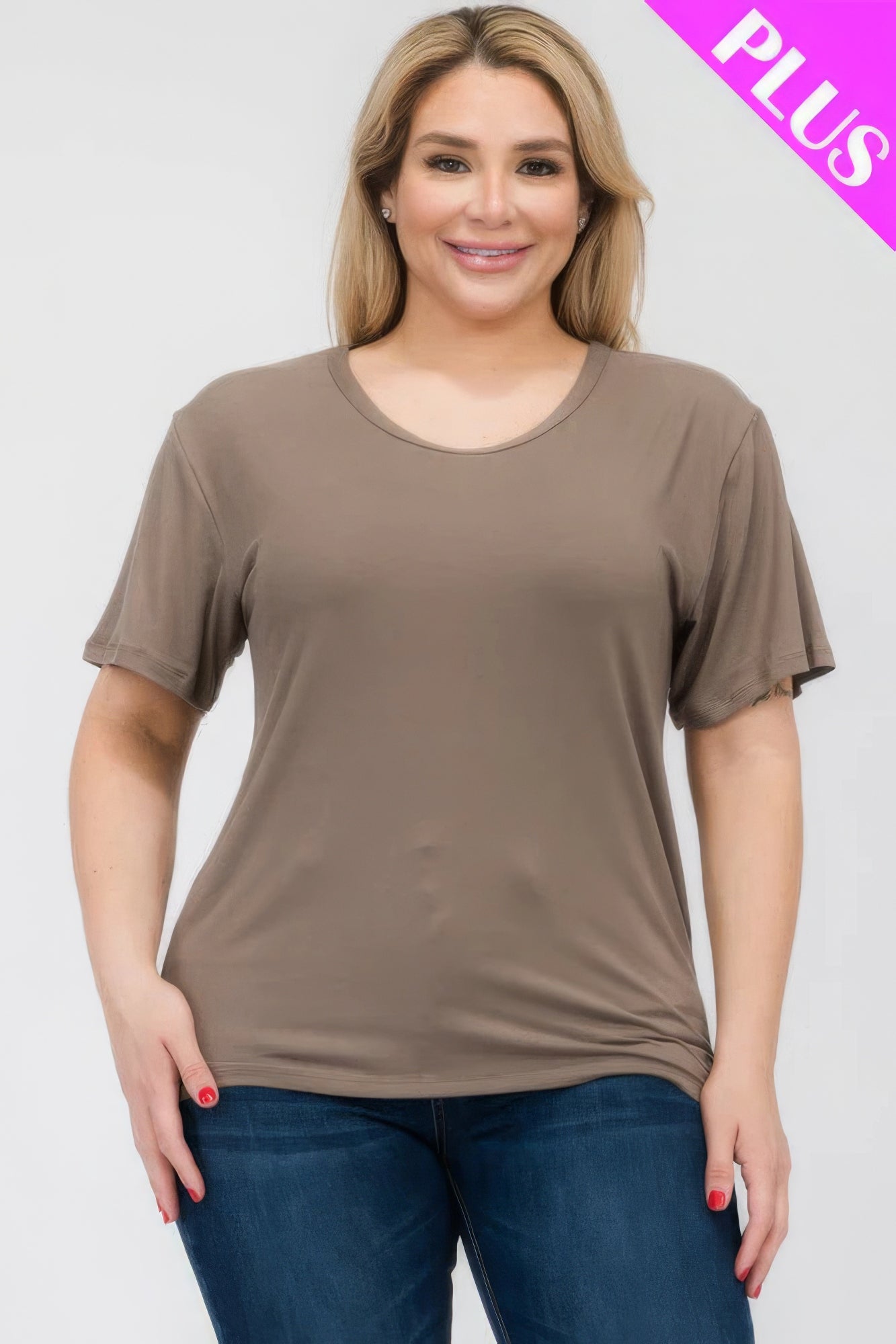 Plus Size Basic Short Sleeve T-Shirt – Soft & Stretchy Polyester-Spandex Blend, Classic Crew Neck, Ideal for Casual Outings & Everyday Wear