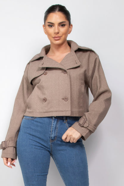 Notch Lapel Buckled Sleeve Crop Trench Coat – Double-Breasted Design, 100% Polyester for Durability & Comfort, Modern Cropped Length for Casual & Formal Layering