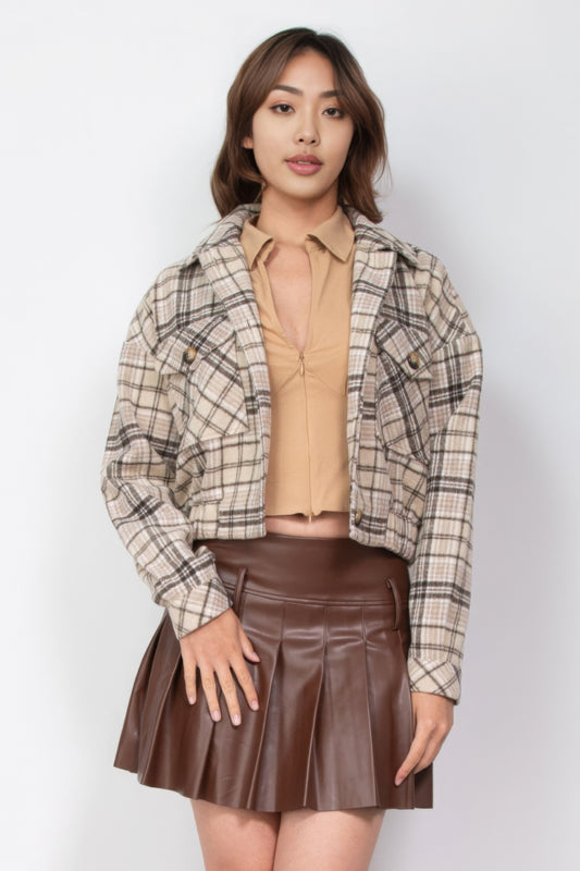 Beige & Brown Plaid Cropped Jacket – Structured Button-Down with Collared Neckline, Chest Pockets & Cuffed Sleeves, Durable Polyester