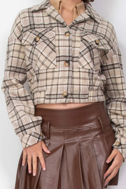 Beige & Brown Plaid Cropped Jacket – Structured Button-Down with Collared Neckline, Chest Pockets & Cuffed Sleeves, Durable Polyester