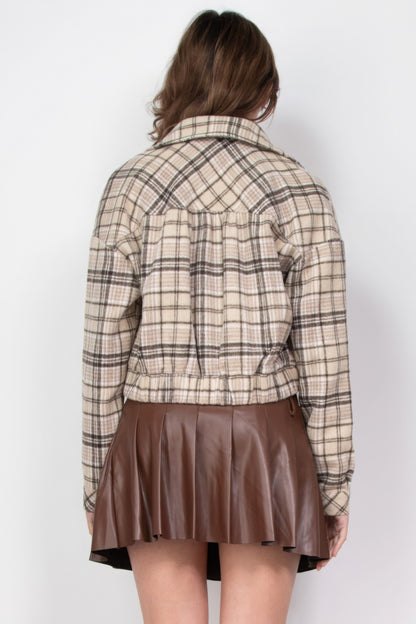 Beige & Brown Plaid Cropped Jacket – Structured Button-Down with Collared Neckline, Chest Pockets & Cuffed Sleeves, Durable Polyester