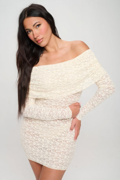 Off-Shoulder Lace Dress – Popcorn Lace Fabric, Sheer Detailing, Long Sleeves, Zipper Back Closure, Slim Fit, Mini Length, Nylon, Cotton & Spandex Blend, Perfect for Formal Events