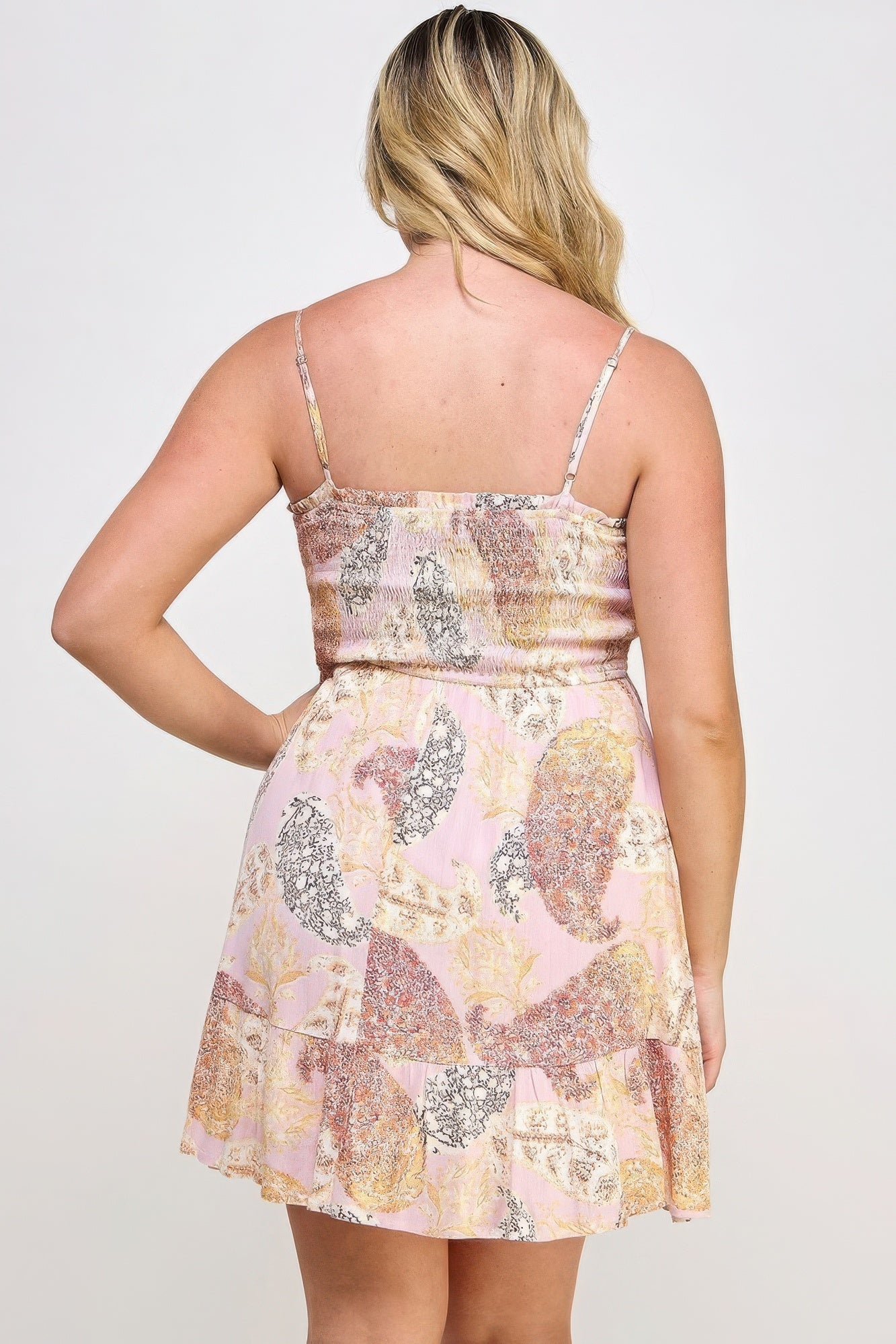 Plus Size Paisley Smocked Ruffle Mini Dress – Floral Print, Tie-Back Detail, Perfect for Casual Outings and Summer Garden Parties