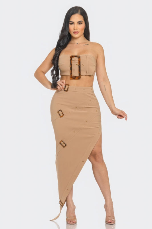 Front Eyelet Buckle Belt Crop Top & Skirt Set – Sleeveless Tube Design with Back Zipper, 95% Polyester, 5% Spandex for Comfort & Style