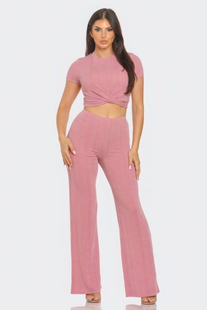 Front Twist Detail Top & Flare Pants Set – Variegated Rib Round Neck Crop Top with Short Sleeves and Solid Twist, 75% Polyester, 21% Rayon, 4% Spandex