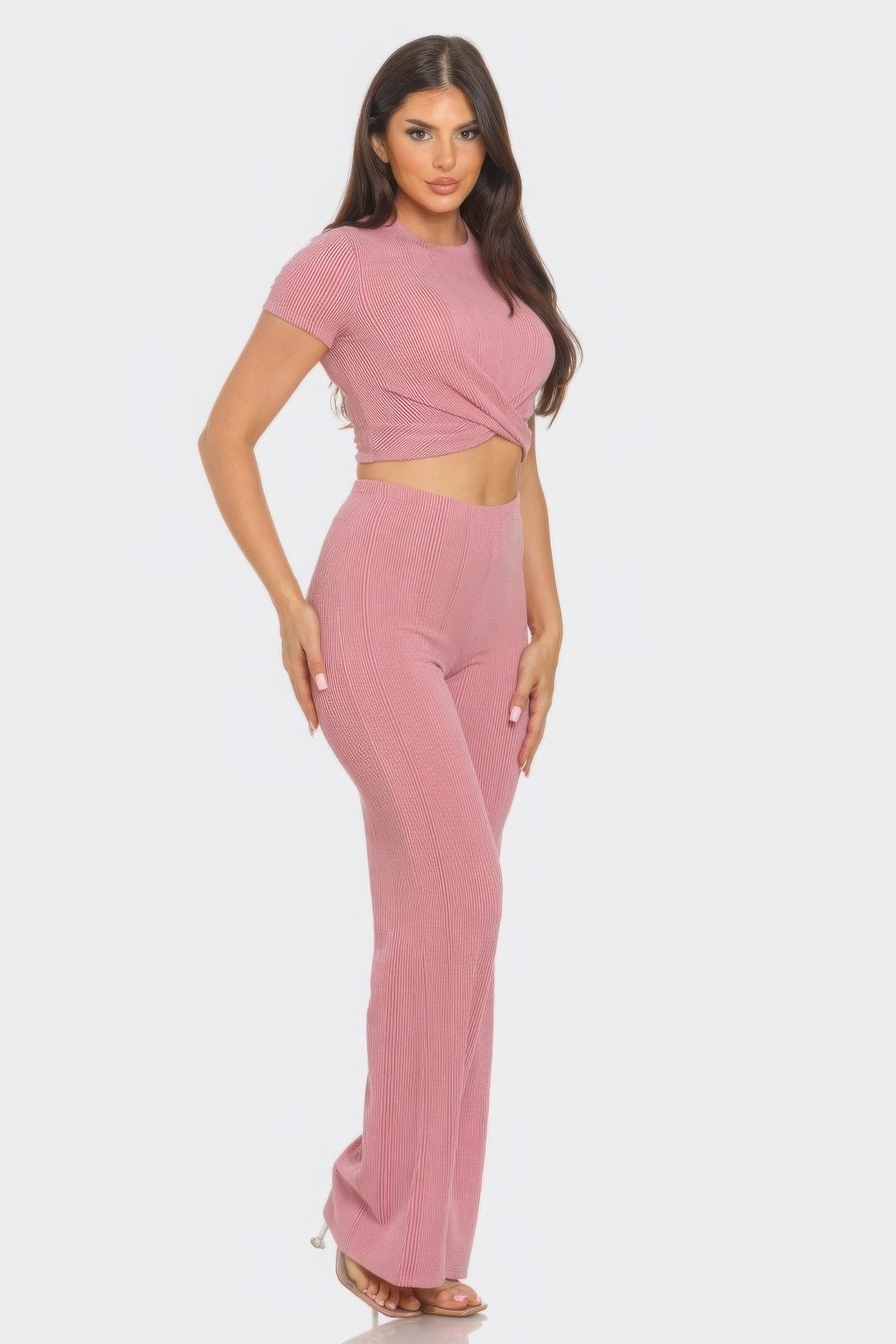 Front Twist Detail Top & Flare Pants Set – Variegated Rib Round Neck Crop Top with Short Sleeves and Solid Twist, 75% Polyester, 21% Rayon, 4% Spandex