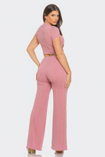 Front Twist Detail Top & Flare Pants Set – Variegated Rib Round Neck Crop Top with Short Sleeves and Solid Twist, 75% Polyester, 21% Rayon, 4% Spandex