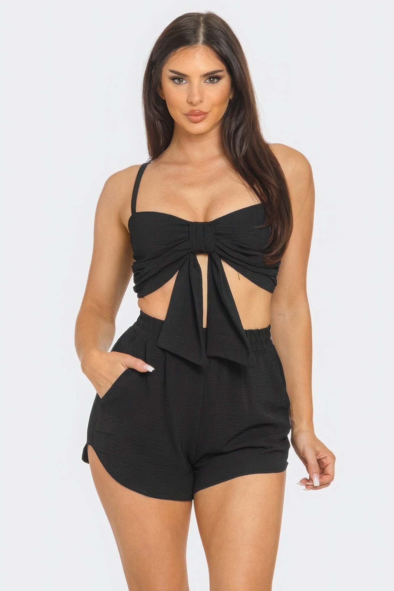 Front Oversized Bow Twisted Tie Crop Top & Shorts Set – Sleeveless Design with Elastic Shirring, 100% Polyester for Comfort & Chic Style