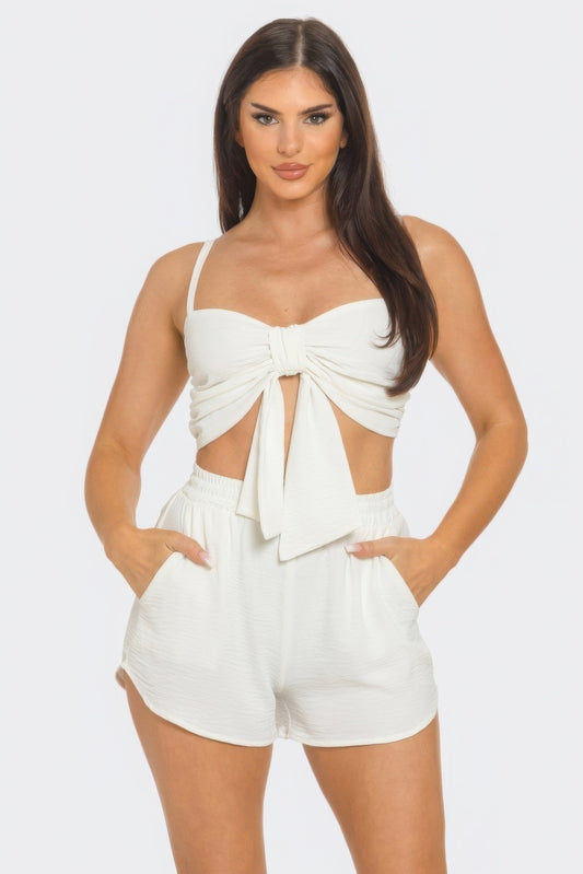 Front Oversized Bow Twisted Tie Crop Top & Shorts Set – Sleeveless Design with Elastic Shirring, 100% Polyester for Comfort & Chic Style