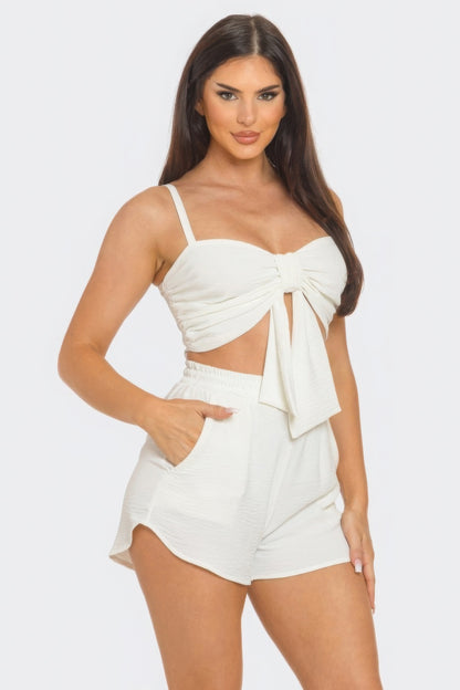 Front Oversized Bow Twisted Tie Crop Top & Shorts Set – Sleeveless Design with Elastic Shirring, 100% Polyester for Comfort & Chic Style