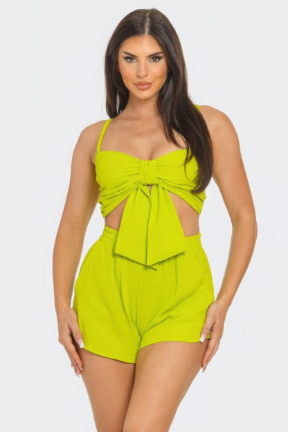 Front Oversized Bow Twisted Tie Crop Top & Shorts Set – Sleeveless Design with Elastic Shirring, 100% Polyester for Comfort & Chic Style