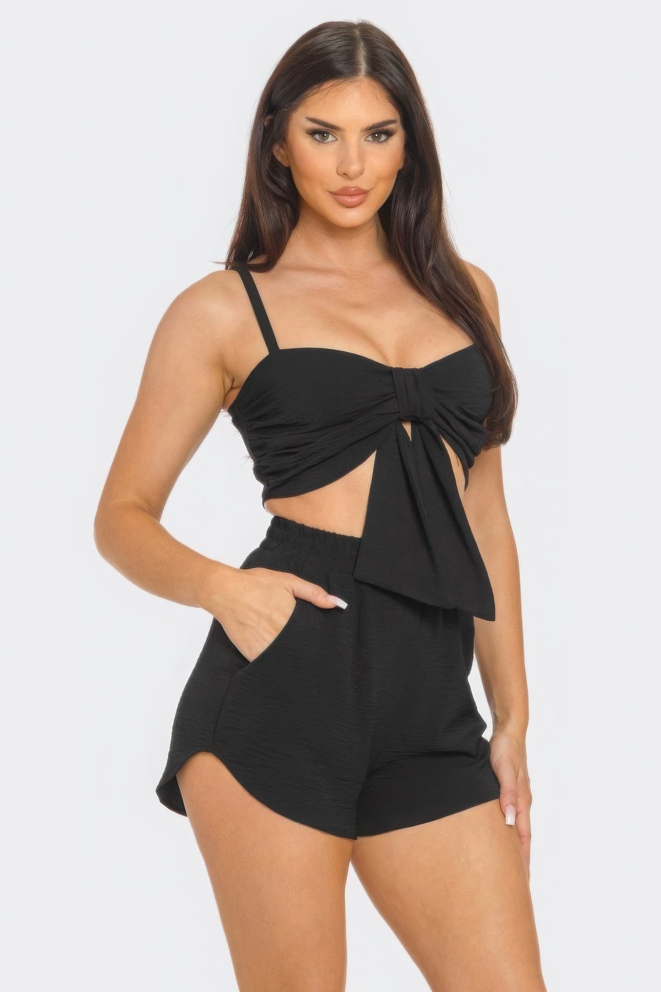 Front Oversized Bow Twisted Tie Crop Top & Shorts Set – Sleeveless Design with Elastic Shirring, 100% Polyester for Comfort & Chic Style