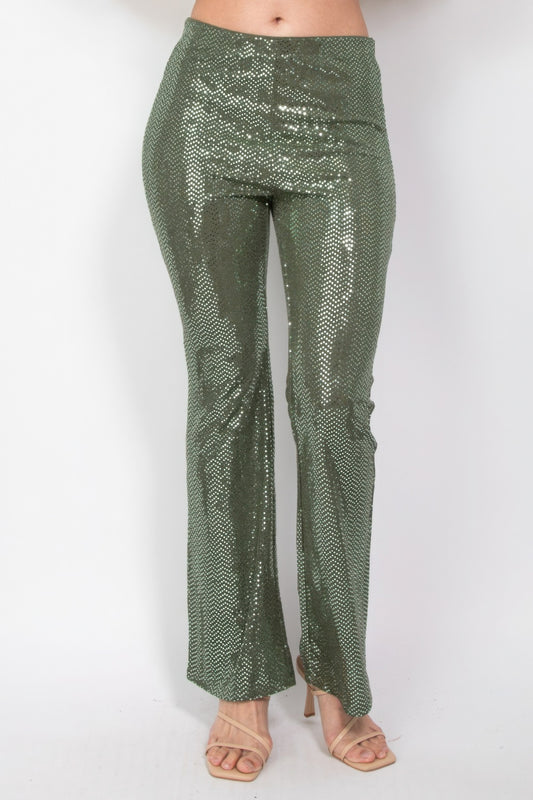 Sequined Fit & Flare Mid-Rise Pants – Polyester, Metallic & Spandex, Elastic Waistband, Flared Leg, Perfect for Formal Events & Special Occasions