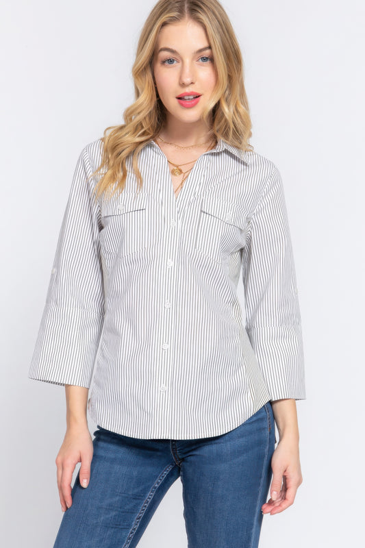 Long Sleeve Yarn-Dyed Stripe Woven Shirt – Classic & Contemporary Design, 100% Cotton for Breathable Comfort, with Tab Knit Panels for Added Style