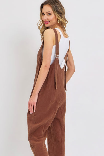 Summer Cotton Gauze Jumpsuit with Adjustable Straps & Oversized Patch Pockets – Lightweight, Versatile, and Perfect for Effortless Warm-Weather Style