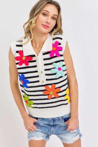 Casual Flower Patch Stripe Knit Top | Soft & Durable Blend for Effortless Everyday Style