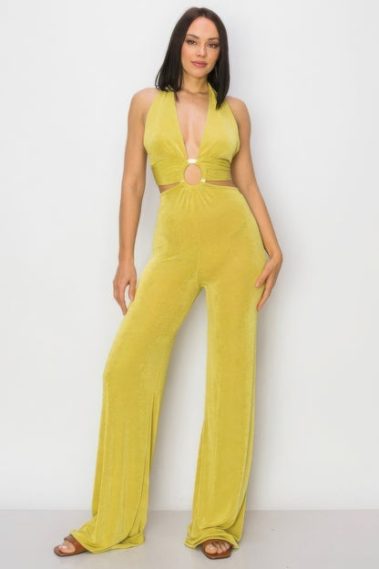 Solid Slinky Wide-Leg Jumpsuit – Polyester & Spandex, O-Ring Detail, Relaxed Fit for Comfortable, Flattering Silhouette, Ideal for Various Events